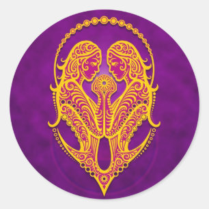 Sticker Rond Gemini tribale violette et jaune complexe