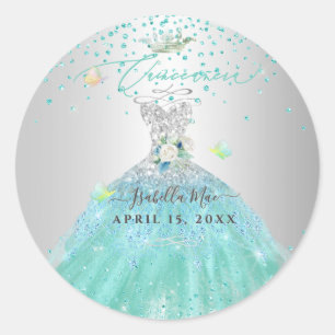 Sticker Rond Genre de Parties scintillant Turquoise Quinceanera
