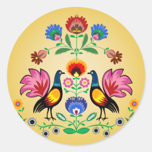 Sticker Rond Gens polonais avec floral décoratif et des jeunes