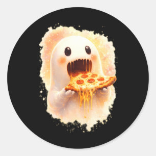 Sticker Rond Gentil Fantôme de Pizza Mangeant de la Pizza Drôle