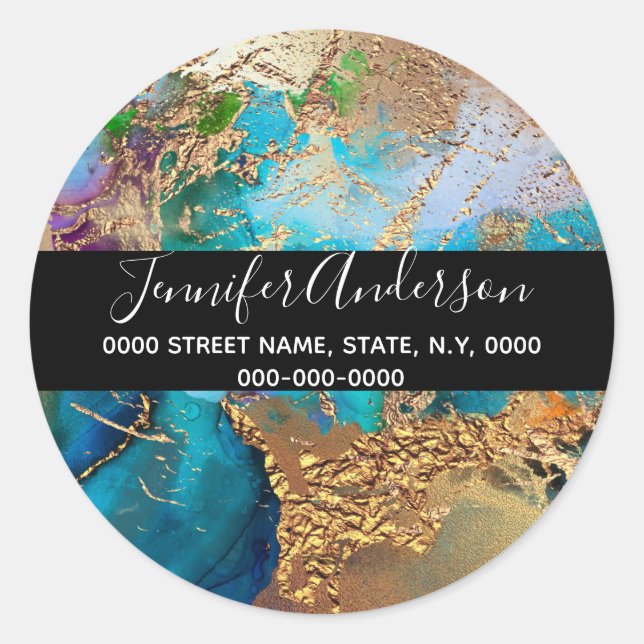 Sticker Rond Géode faux or bleu violet chic paon (Devant)