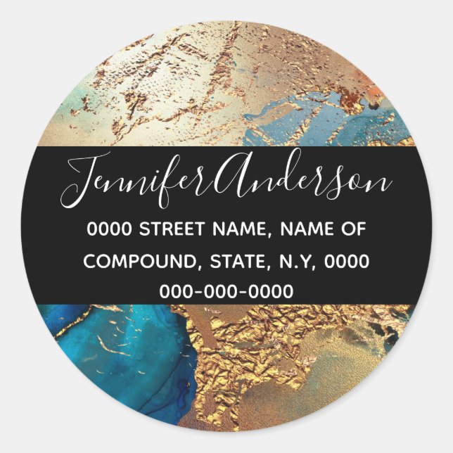 Sticker Rond Géode faux or bleu violet paon chic agate (Devant)