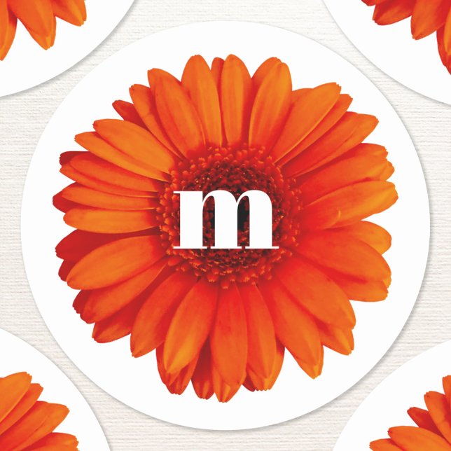 Sticker Rond Gerbera Daisy Monogramme initial (Modern monogram initial personalized gerbera daisy stickers)