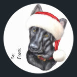 Sticker Rond German Shepherd BLK Christmas Père Noël Pup Tags c<br><div class="desc">Happy German Shepherd Dog Puppy in Black porte son Casquette du Père Noël et est prêt à vous aider à célébrer les fêtes. Bien sûr d'être votre préféré ce Noël !</div>