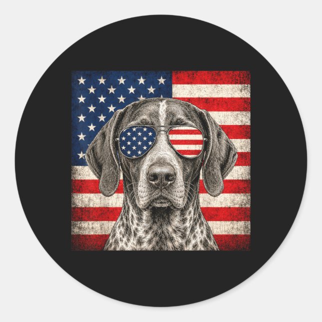 Sticker Rond German Shorthaired Pointer 4 juillet américain (Devant)