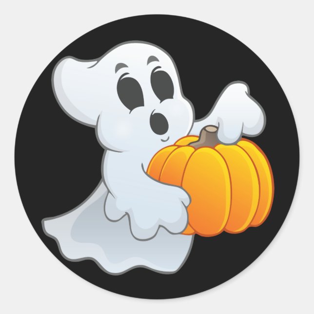 Sticker Rond Ghost animé mignon avec Citrouille (Devant)