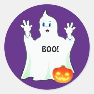 Sticker Rond Ghost & Citrouille d'Halloween mignon sur violet