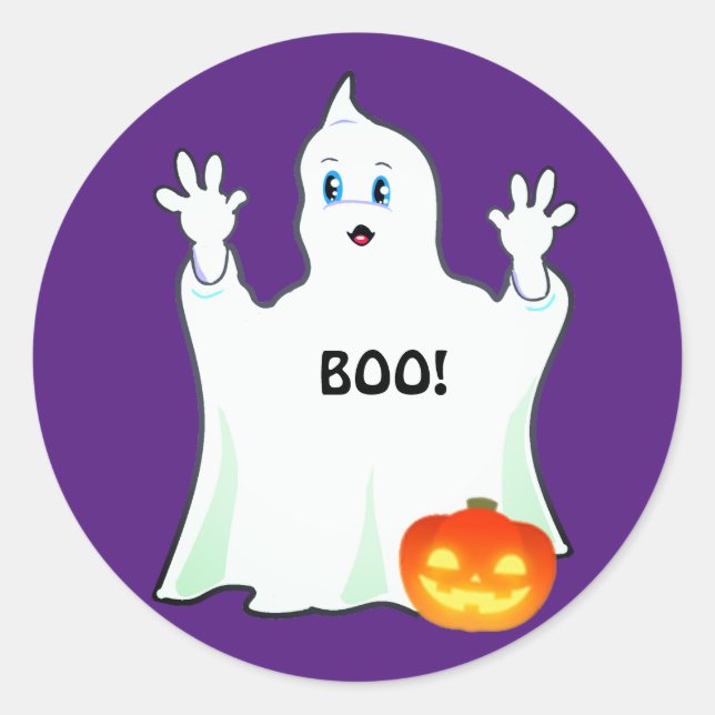 Sticker Rond Ghost & Citrouille d'Halloween mignon sur violet (Devant)
