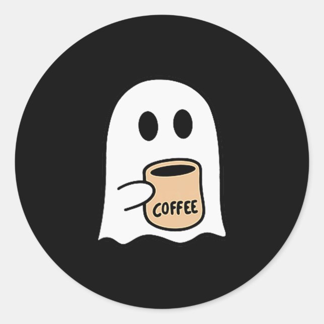 Sticker Rond Ghost Drinking Coffee Funny Halloween Costume Coff (Devant)