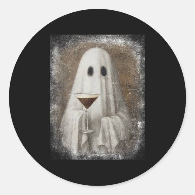 Sticker Rond Ghost Drinking Espresso Martini Halloween Spooky A (Devant)