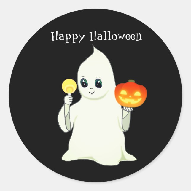 Sticker Rond Ghost et Citrouille d'Halloween mignon en noir (Devant)