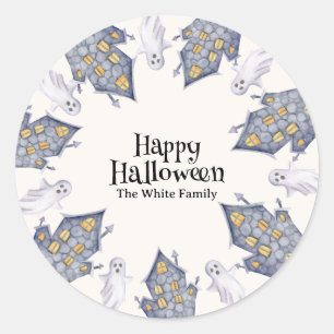 Sticker Rond Ghost House Halloween Personnalisé Nom de famille