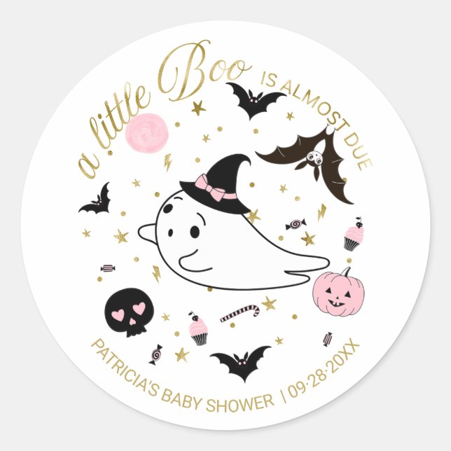 Sticker Rond Ghost Little Boo Halloween Baby shower fille (Devant)