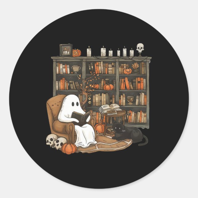 Sticker Rond Ghost Reading Livres Librairie Enseignant Hallowee (Devant)