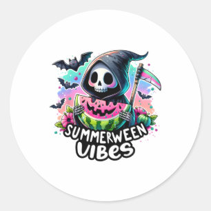 Sticker Rond Ghost Summerween Vibes Watermelon Citrouille Summe