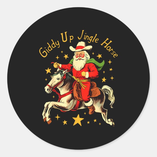 Sticker Rond Giddy Up Jingle Horse Funny Retro Santa Cowboy Chr (Devant)