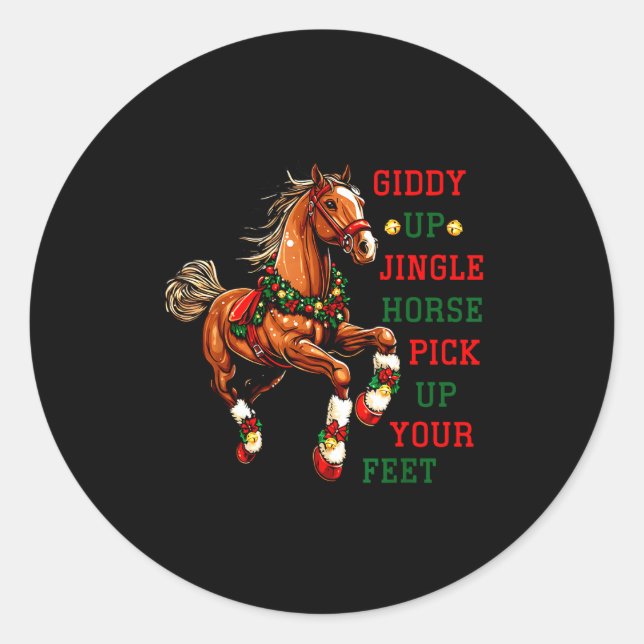 Sticker Rond Giddy Up Jingle Horse Western Christmas Horse Coun (Devant)