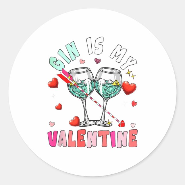 Sticker Rond Gin Is My Valentine Hearts Matching Drinker Family (Devant)