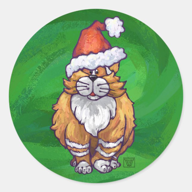 Sticker Rond Ginger Chat Noël Sur Vert (Devant)