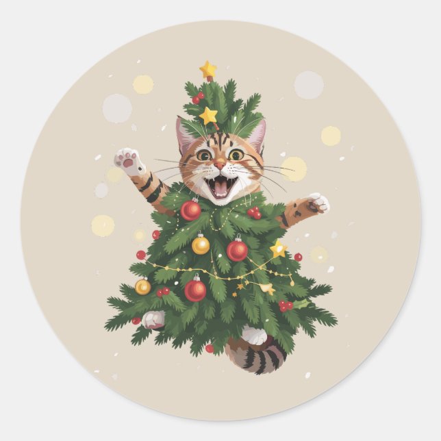 Sticker Rond Ginger Orange Chat Noël Arbre de Noël mignonne Noë (Devant)