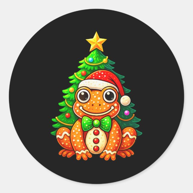 Sticker Rond Gingerbread Frog Wearing Santa Hat Christmas Tree  (Devant)