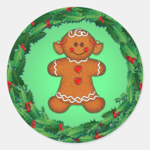 Sticker Rond GINGERBREAD GIRL & HOLLY WREATY par SHARON SHARPE
