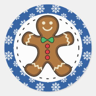 Sticker Rond Gingerbread Man on Blue White Snowflakes