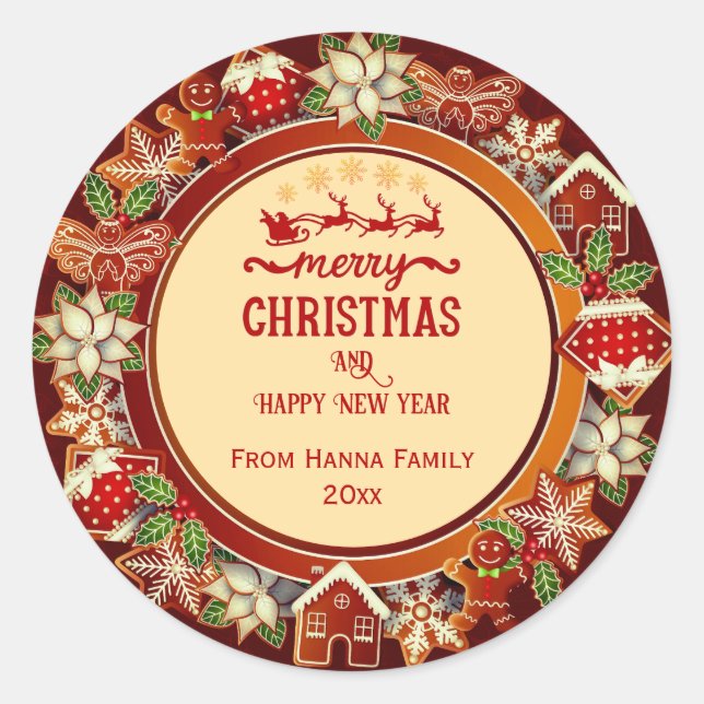 Sticker Rond Gingerbread & Poinsettia Holiday  | Custom Family (Devant)