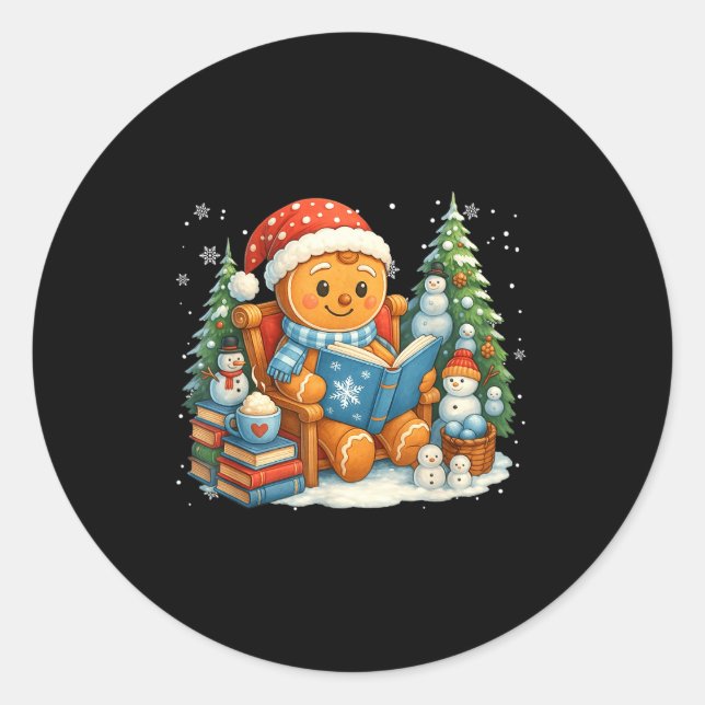 Sticker Rond Gingerbread Reading Book Lovers Christmas Bookworm (Devant)