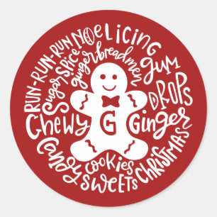 Sticker Rond Gingerman Noël hiver Candy Typographie RED