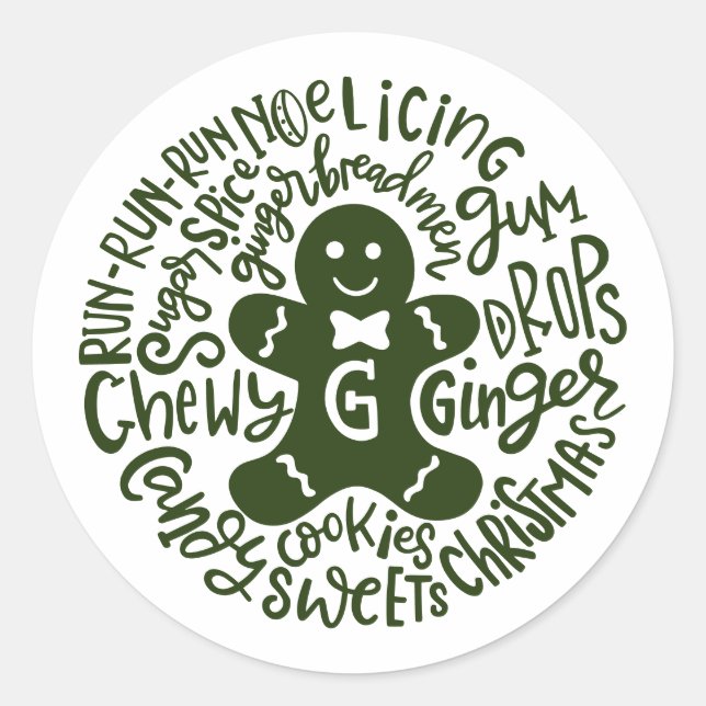 Sticker Rond Gingerman Noël hiver Candy Typographie VERT (Devant)