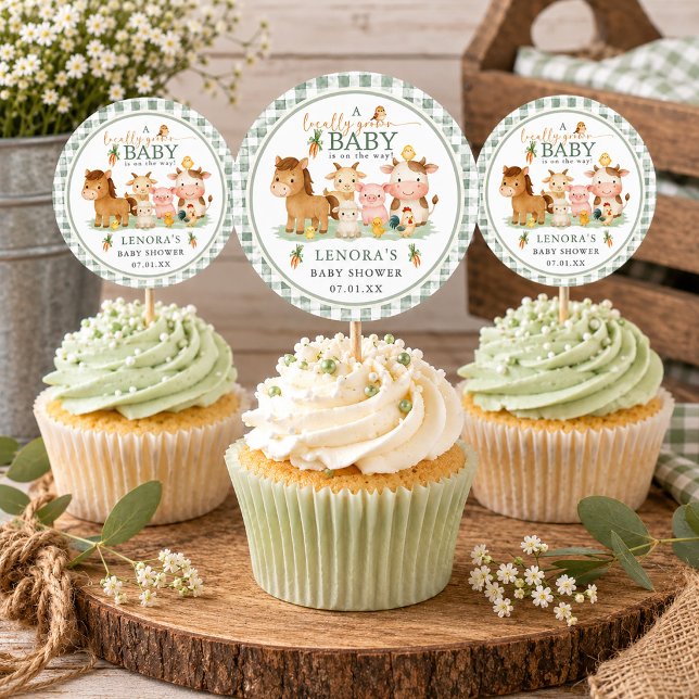 Sticker Rond Gingham Bébé Élevé Localement Animaux de Ferme Bab (Gingham Locally Grown Baby Farm Animal Baby Shower Classic Round Sticker)