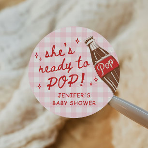 Sticker Rond Gingham rose Elle est prête à éclore Baby Shower