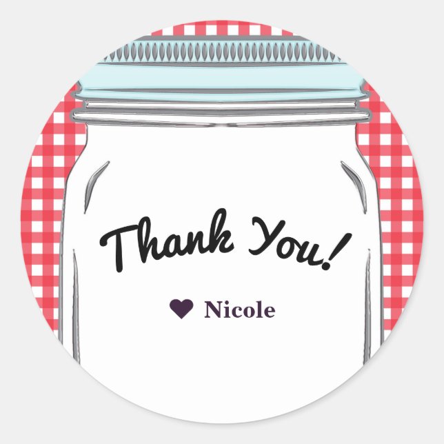 Sticker Rond Gingham Rouge et Pot Mason Bleu Cadeau de Thème Ca (Devant)