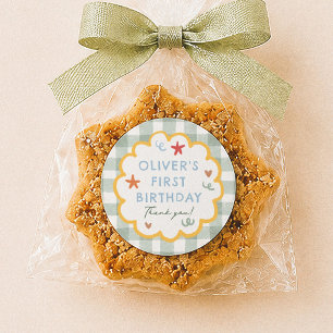 Sticker Rond Gingham Vert Coloré Merci pour le 1er Anniversaire