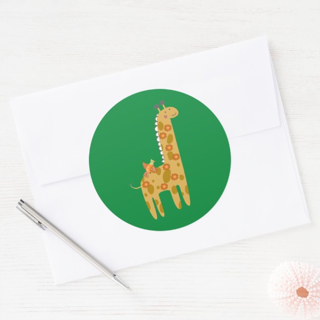 Sticker Rond Girafe Adorable Oiseau & Fleurs Or Orange Vert (Enveloppe)