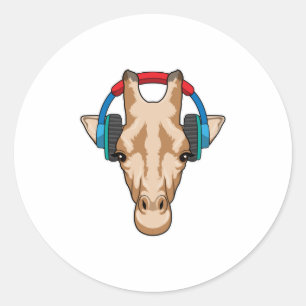 Sticker Rond Girafe at Music with Headphone