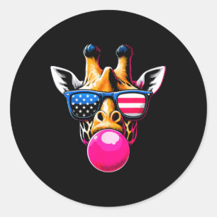 Sticker Rond Girafe Avec Des Gles Usa Et 4 juillet Bubblegum