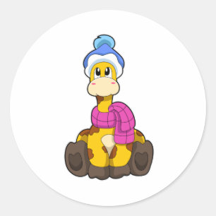 Sticker Rond Girafe en hiver avec Casquette et écorce