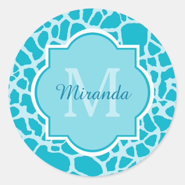 Sticker Rond Girafe Turquoise Moderne Imprimer Monogramme Avec  (Devant)