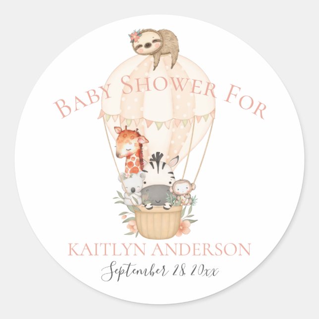 Sticker Rond Girafe Zèbre Montgolfière Fille Bébé Mignon (Devant)