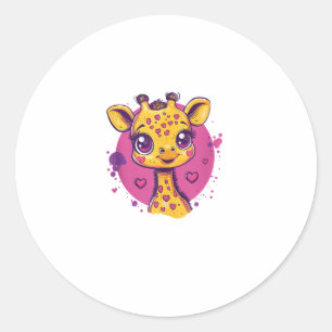 Sticker Rond Giraffe Adorable Avec Coeurs Cartoon Love