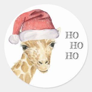 Sticker Rond Giraffe Casquette de Noël HO HO HO