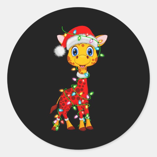 Sticker Rond Giraffe Christmas Lights Santa Costume Cute Animal (Devant)