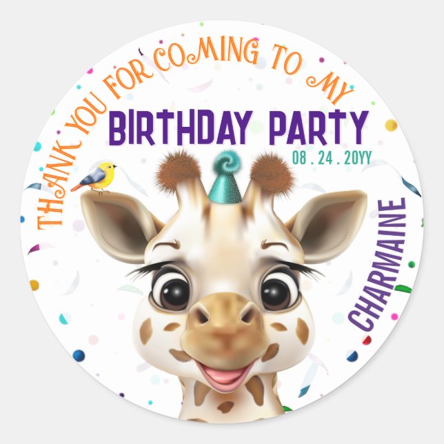 Sticker Rond Giraffe Confetti Kids Birthday (Devant)