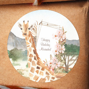 Sticker Rond Giraffe d'aquarelle en Afrique Savannah anniversai