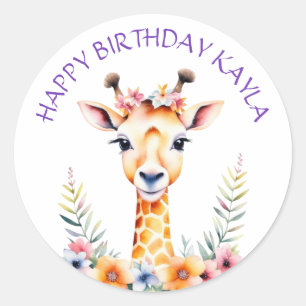 Sticker Rond Giraffe de bébé en fleurs Fête d'anniversaire de f