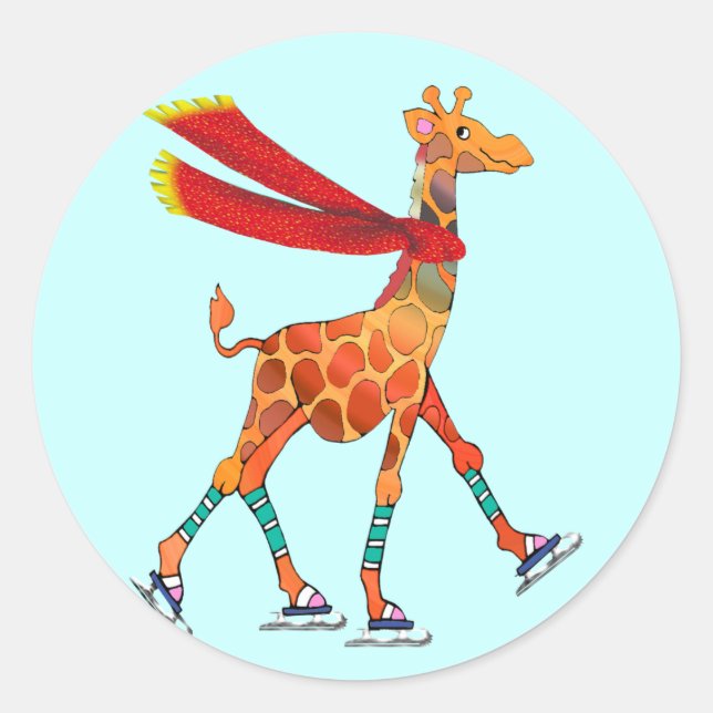 Sticker Rond Giraffe de patinage sur glace avec écharpe (Devant)