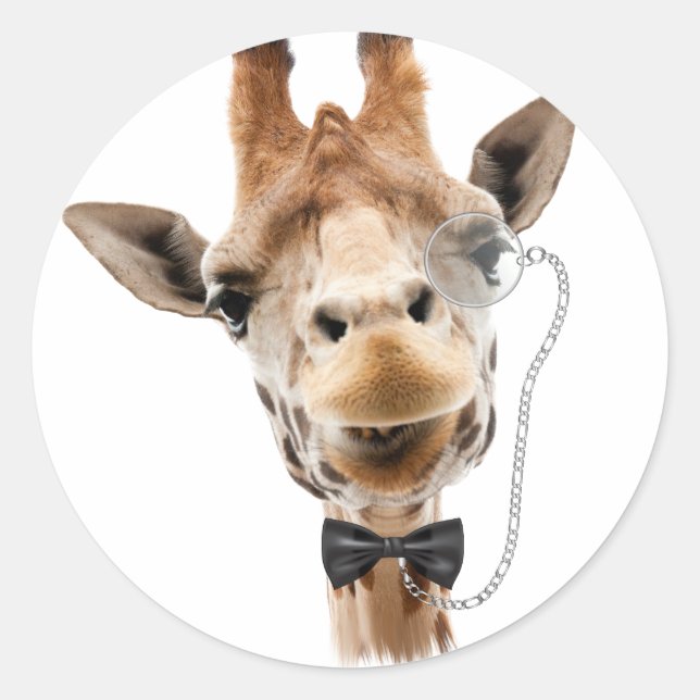 Sticker Rond Giraffe drôle avec Bowtie et Monocle (Devant)