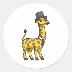 Sticker Rond Giraffe en Gentleman avec Casquette, Cravate et Mo